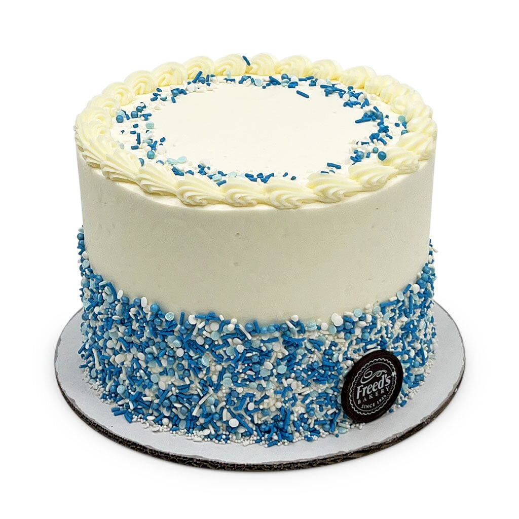 Blue Confetti Birthday Cake Theme Cake Freed's Bakery 7" Round (Serves 8-10) Vanilla Cake w/ Bavarian Cream