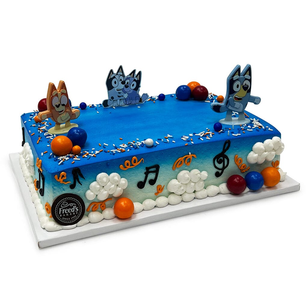 Bluey Dance Party Theme Cake Freed's Bakery 1/4 Sheet (Serves 20-25) Vanilla Cake w/ Bavarian Cream