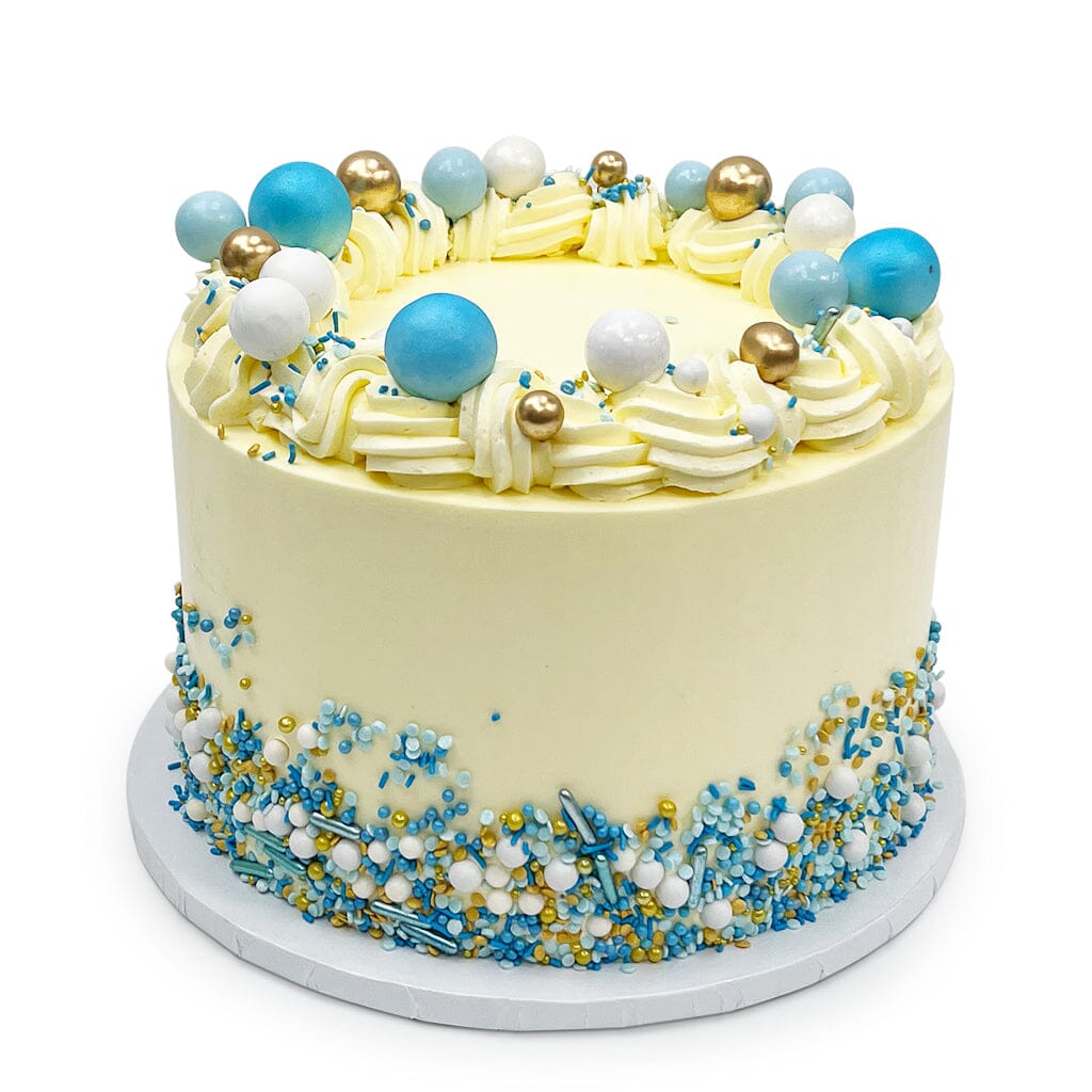 Blue and Gold Celebration Theme Cake Freed's Bakery