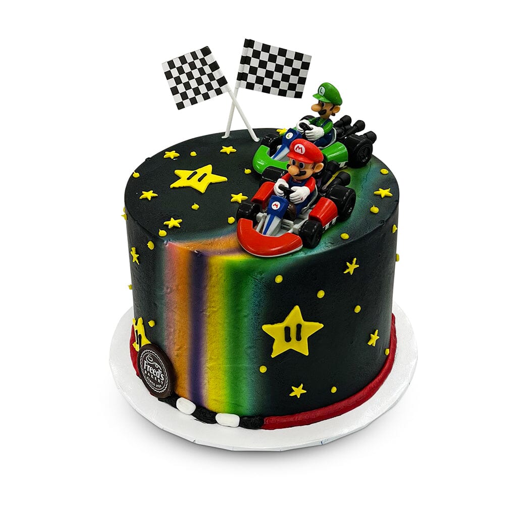 Rainbow Road Racers Theme Cake Freed's Bakery 7" Round (Serves 8-10) Vanilla Cake w/ Bavarian Cream