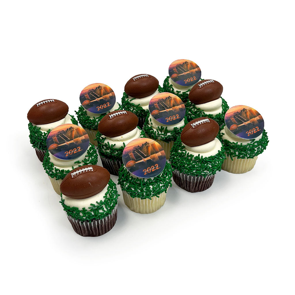 Big Game Cupcakes Theme Cupcake Freed's Bakery One Dozen Cupcakes Vanilla Half LVI Logo and Half Footballs