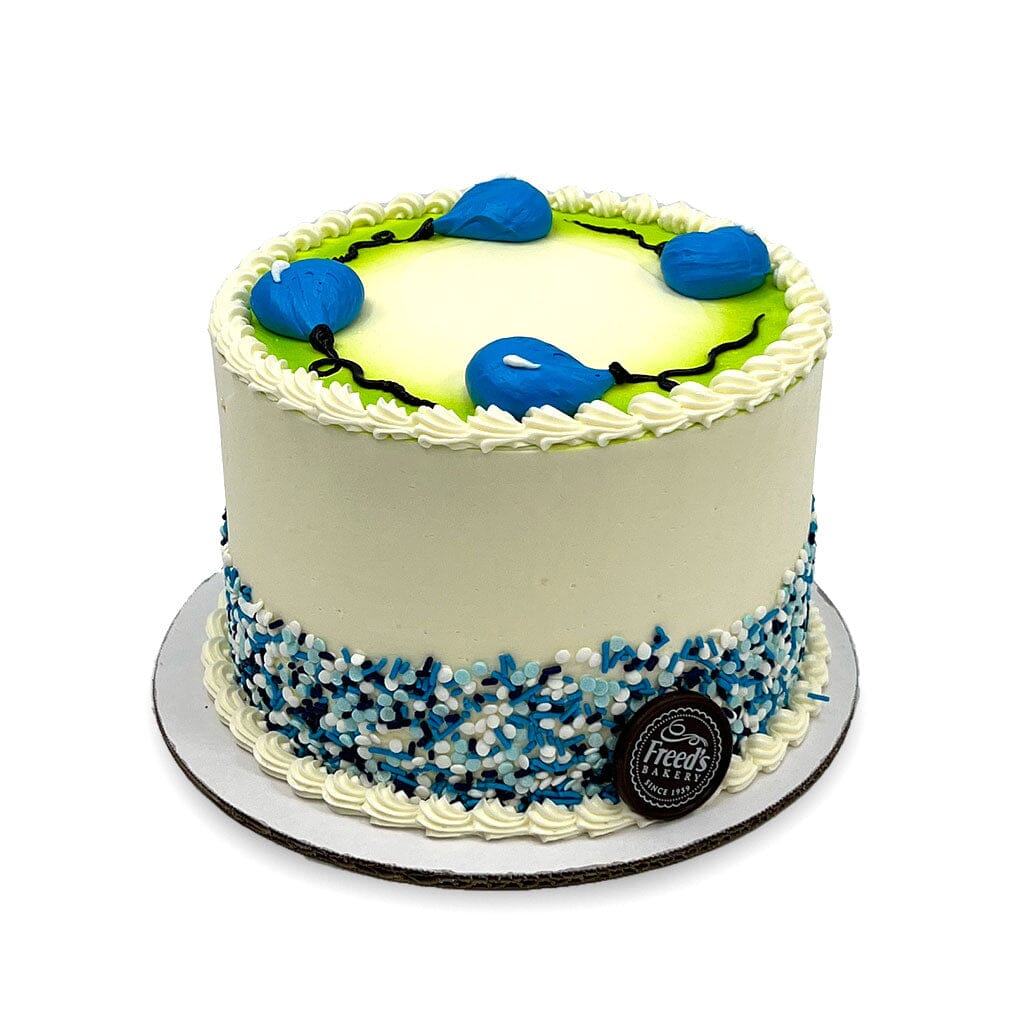 Blue Balloon Birthday Theme Cake Freed's Bakery 7" Round (Serves 8-10) Vanilla Cake w/ Bavarian Cream 