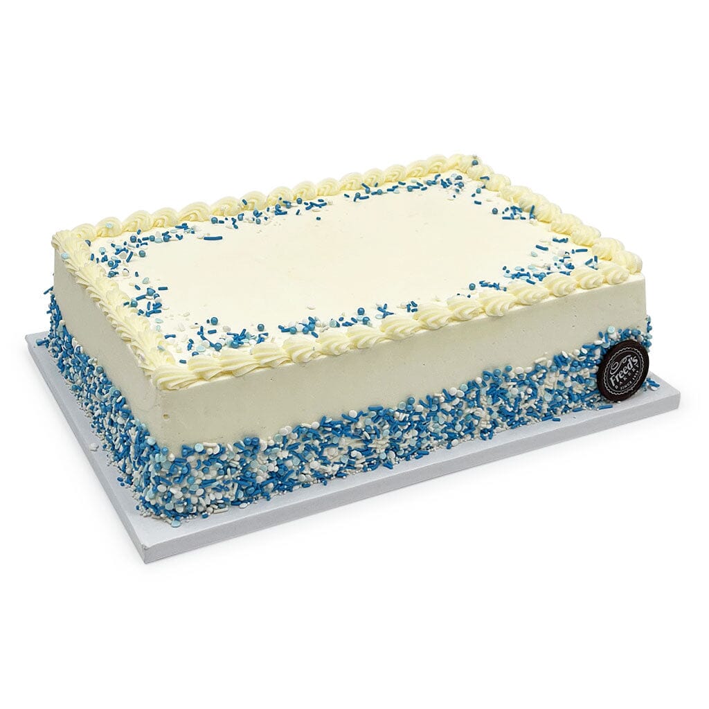Blue Confetti Birthday Cake Theme Cake Freed's Bakery 1/4 Sheet (Serves 20-25) Vanilla Cake w/ Bavarian Cream 