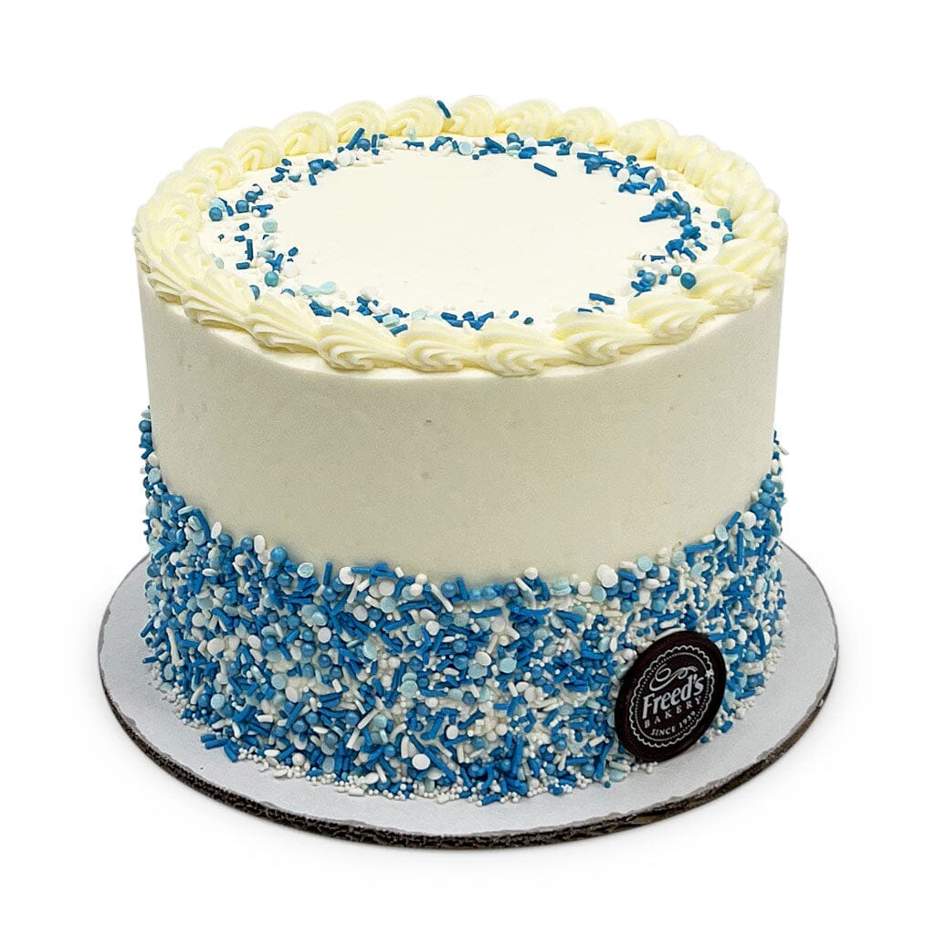 Blue Confetti Birthday Cake Theme Cake Freed's Bakery 7" Round (Serves 8-10) Vanilla Cake w/ Bavarian Cream 