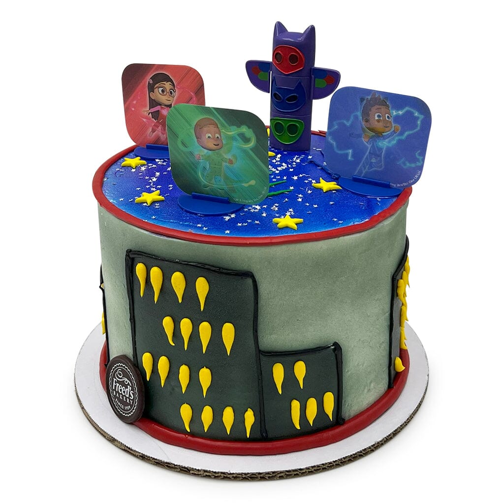 PJ Masks Power Theme Cake Freed's Bakery 7" Round (Serves 8-10) Vanilla Cake & Bavarian Cream Buttercream