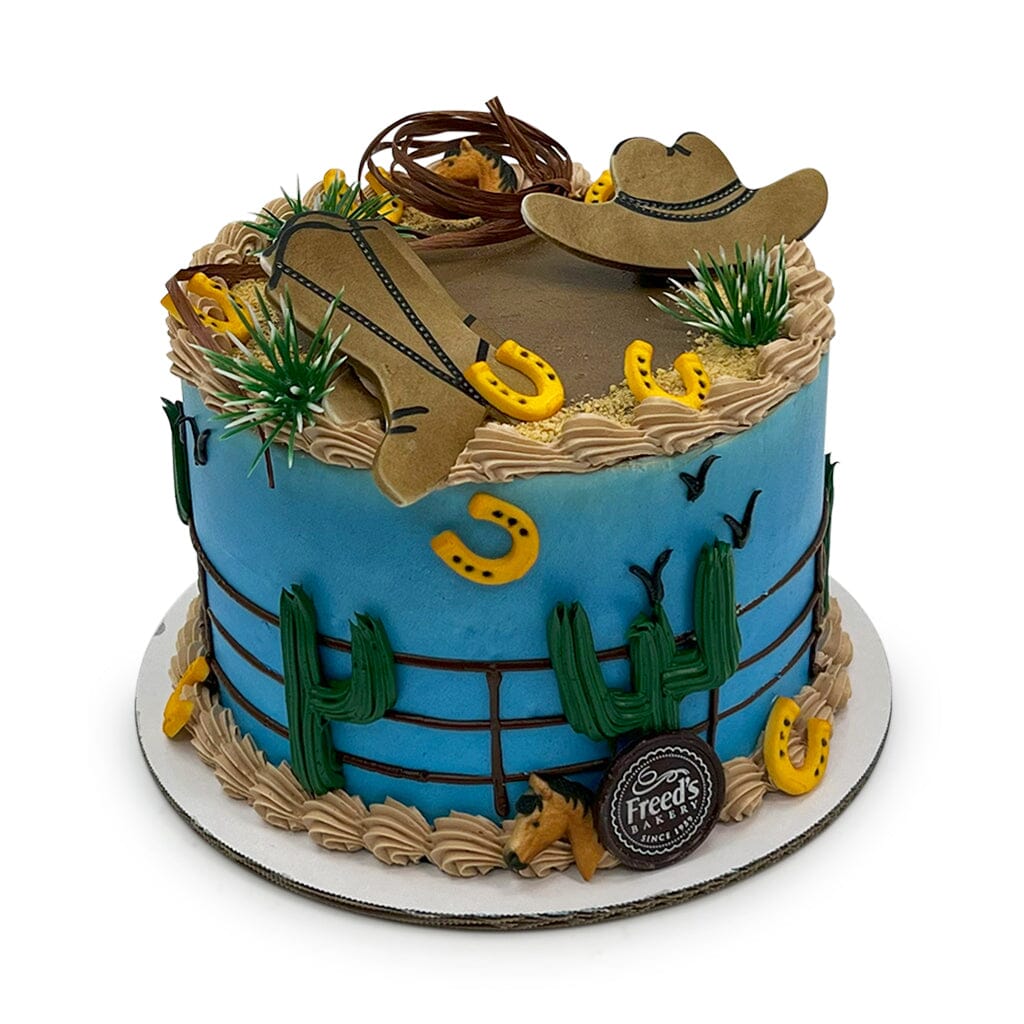 Cowboy Ranch Birthday Cake Theme Cake Freed's Bakery 7" Round (Serves 8-10) Vanilla Cake & Bavarian Cream Buttercream