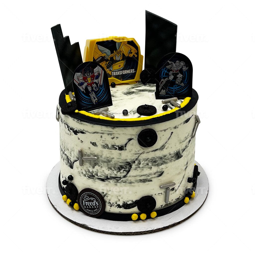 Autobots Roll Out Theme Cake Freed's Bakery 7" Round (Serves 8-10) Vanilla Cake w/ Bavarian Cream 