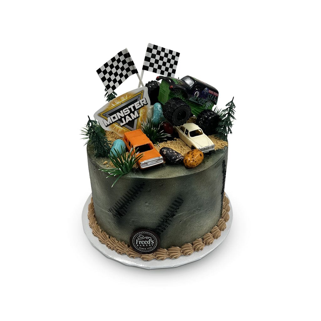 Monster Jam Birthday Cake Theme Cake Freed's Bakery 7" Round (Serves 8-10) Vanilla Cake w/ Bavarian Cream 