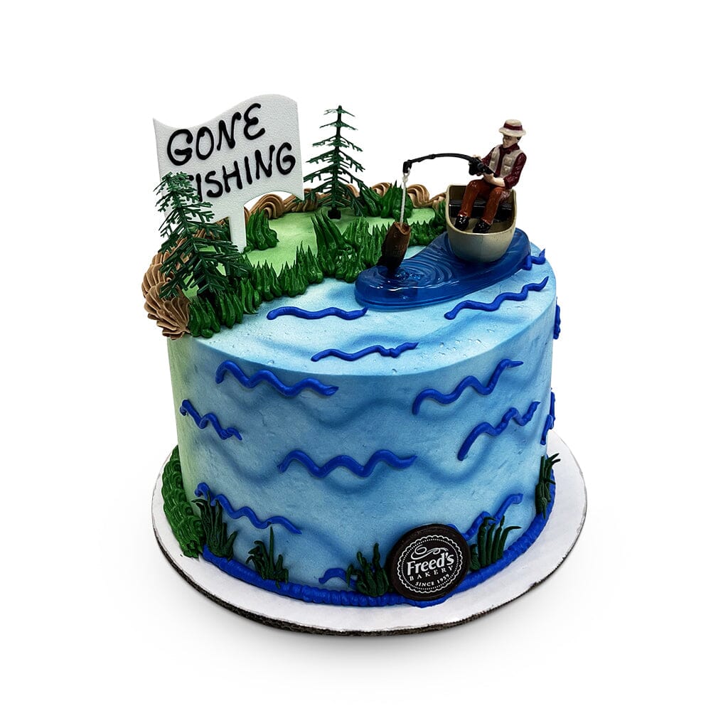 Gone Fishing Birthday Cake Theme Cake Freed's Bakery 7" Round (Serves 8-10) Vanilla Cake w/ Bavarian Cream 