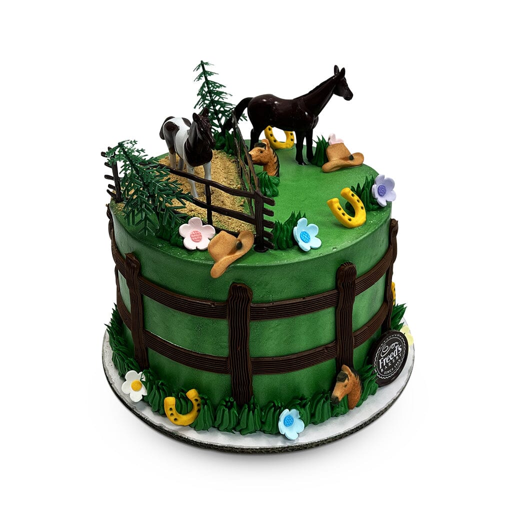 Horse Stable Birthday Cake Theme Cake Freed's Bakery 7" Round (Serves 8-10) Vanilla Cake w/ Bavarian Cream 