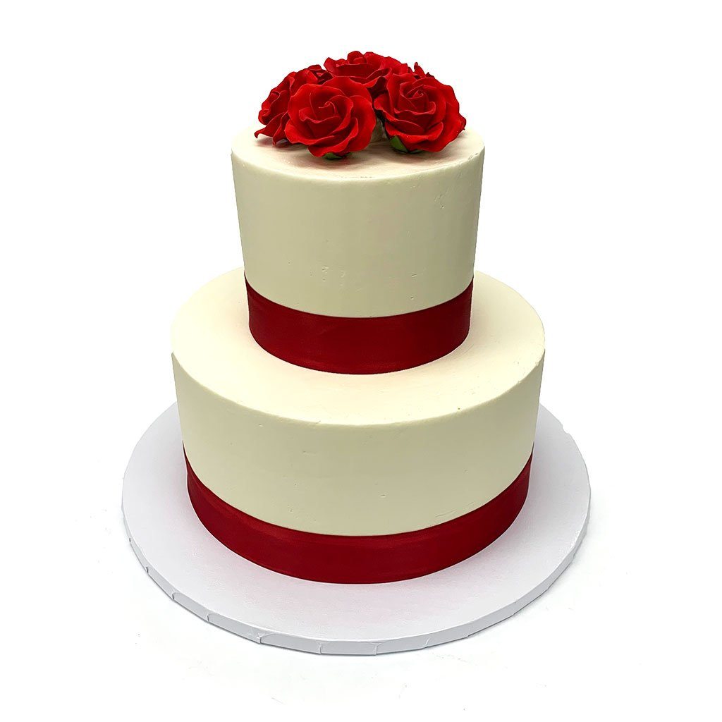 Red Ribbon Roses Wedding Cake – Freed\'s Bakery