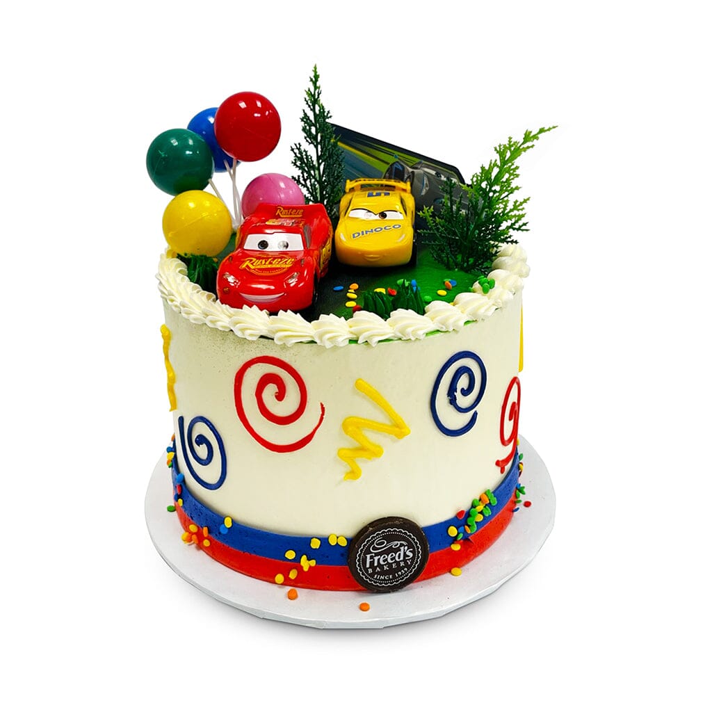 Road Race Birthday Cake Theme Cake Freed's Bakery 7" Round (Serves 8-10) Vanilla Cake w/ Bavarian Cream 